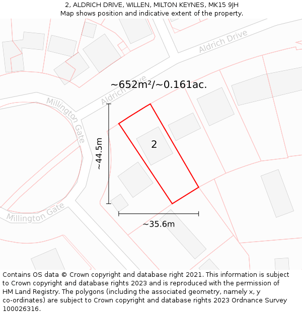 2, ALDRICH DRIVE, WILLEN, MILTON KEYNES, MK15 9JH: Plot and title map