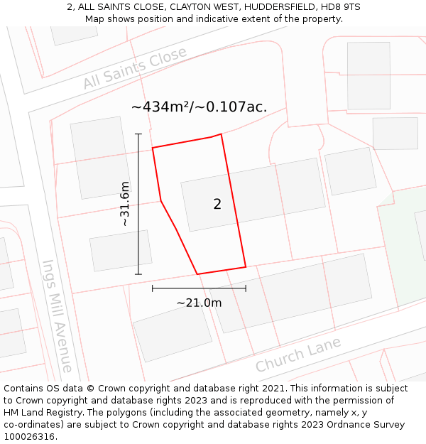 2, ALL SAINTS CLOSE, CLAYTON WEST, HUDDERSFIELD, HD8 9TS: Plot and title map