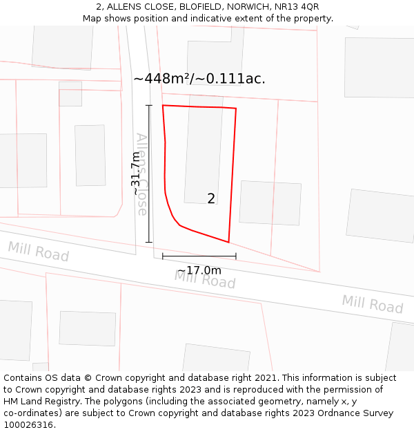 2, ALLENS CLOSE, BLOFIELD, NORWICH, NR13 4QR: Plot and title map