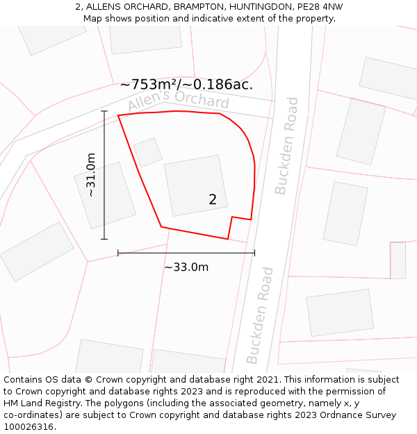 2, ALLENS ORCHARD, BRAMPTON, HUNTINGDON, PE28 4NW: Plot and title map