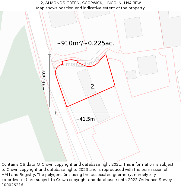 2, ALMONDS GREEN, SCOPWICK, LINCOLN, LN4 3PW: Plot and title map