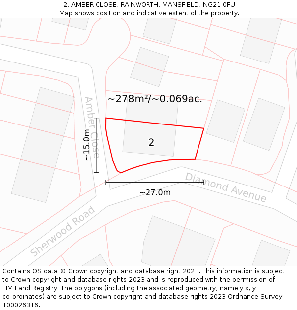 2, AMBER CLOSE, RAINWORTH, MANSFIELD, NG21 0FU: Plot and title map