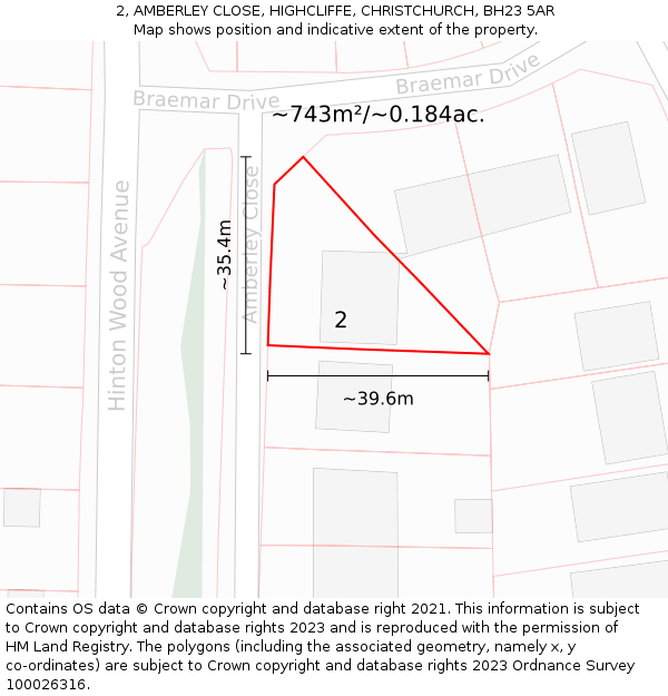 2, AMBERLEY CLOSE, HIGHCLIFFE, CHRISTCHURCH, BH23 5AR: Plot and title map