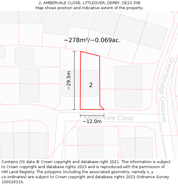 2, AMBERVALE CLOSE, LITTLEOVER, DERBY, DE23 3YB: Plot and title map