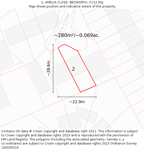 2, AMELIA CLOSE, BEDWORTH, CV12 9QJ: Plot and title map