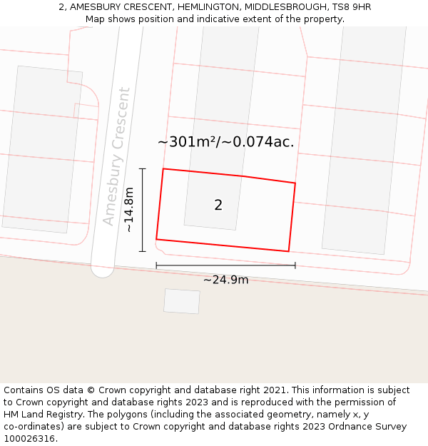2, AMESBURY CRESCENT, HEMLINGTON, MIDDLESBROUGH, TS8 9HR: Plot and title map