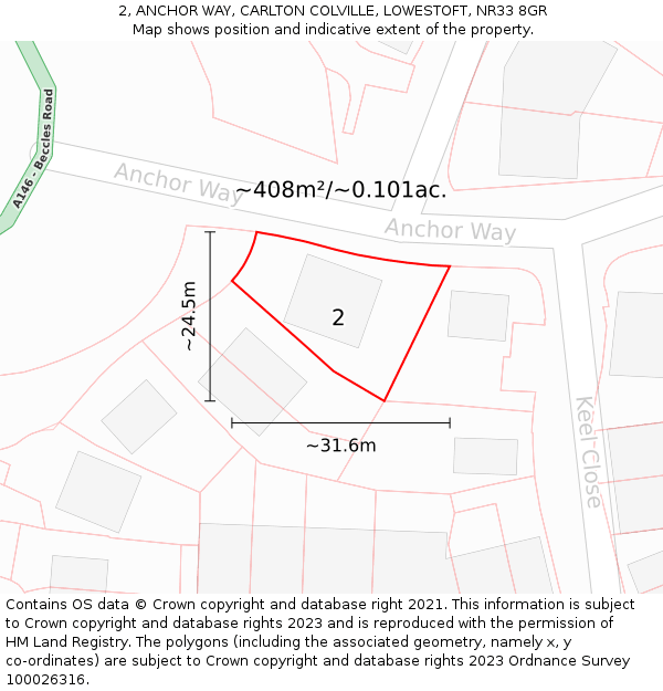 2, ANCHOR WAY, CARLTON COLVILLE, LOWESTOFT, NR33 8GR: Plot and title map