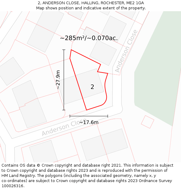 2, ANDERSON CLOSE, HALLING, ROCHESTER, ME2 1GA: Plot and title map