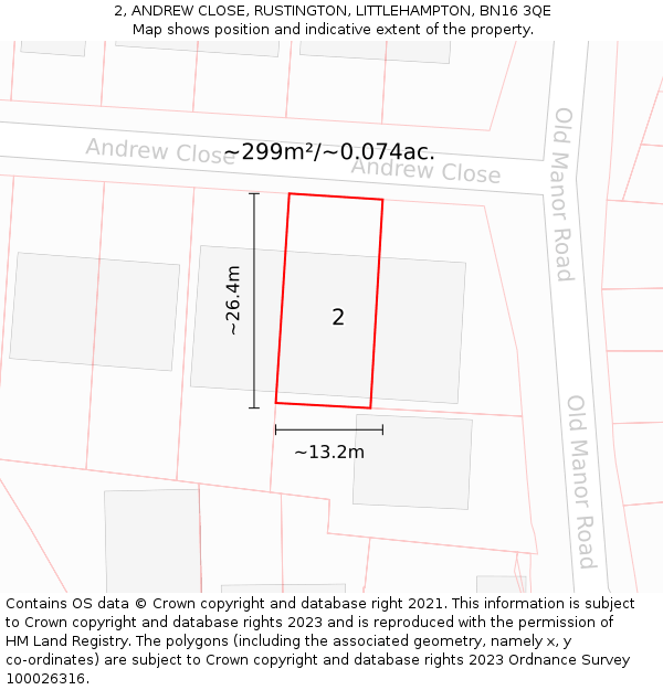 2, ANDREW CLOSE, RUSTINGTON, LITTLEHAMPTON, BN16 3QE: Plot and title map