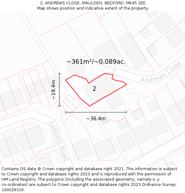 2, ANDREWS CLOSE, MAULDEN, BEDFORD, MK45 2EE: Plot and title map