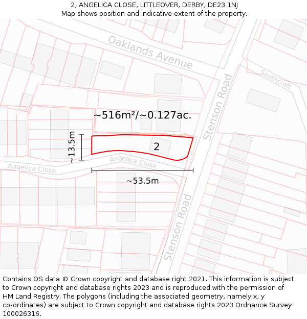 2, ANGELICA CLOSE, LITTLEOVER, DERBY, DE23 1NJ: Plot and title map