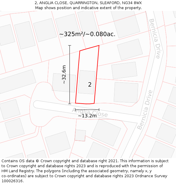 2, ANGLIA CLOSE, QUARRINGTON, SLEAFORD, NG34 8WX: Plot and title map