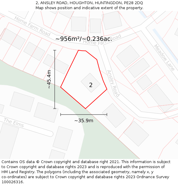 2, ANSLEY ROAD, HOUGHTON, HUNTINGDON, PE28 2DQ: Plot and title map
