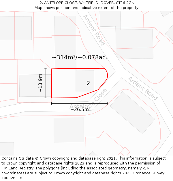2, ANTELOPE CLOSE, WHITFIELD, DOVER, CT16 2GN: Plot and title map