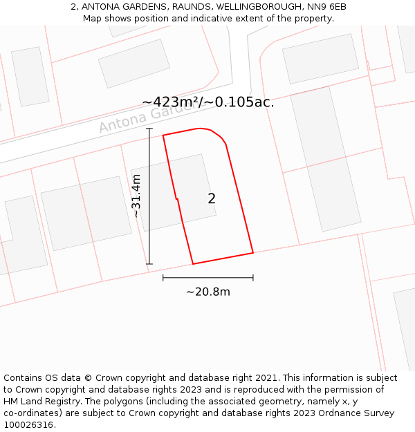 2, ANTONA GARDENS, RAUNDS, WELLINGBOROUGH, NN9 6EB: Plot and title map