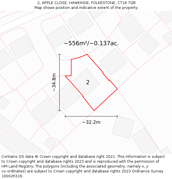 2, APPLE CLOSE, HAWKINGE, FOLKESTONE, CT18 7QB: Plot and title map