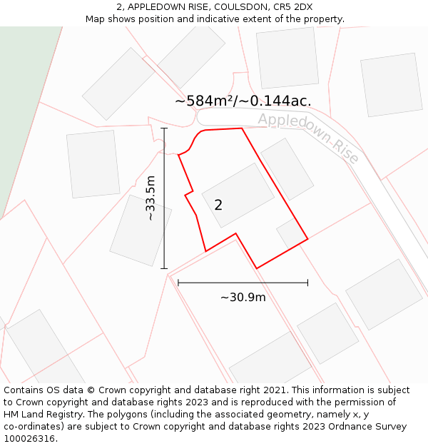 2, APPLEDOWN RISE, COULSDON, CR5 2DX: Plot and title map