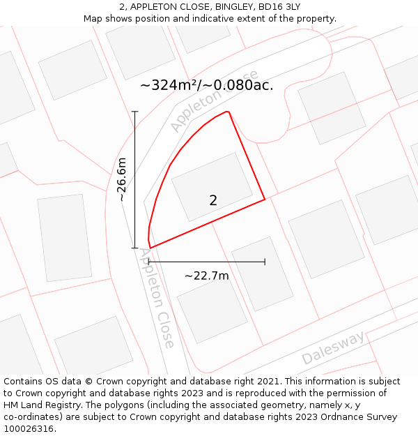 2, APPLETON CLOSE, BINGLEY, BD16 3LY: Plot and title map