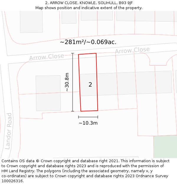 2, ARROW CLOSE, KNOWLE, SOLIHULL, B93 9JF: Plot and title map