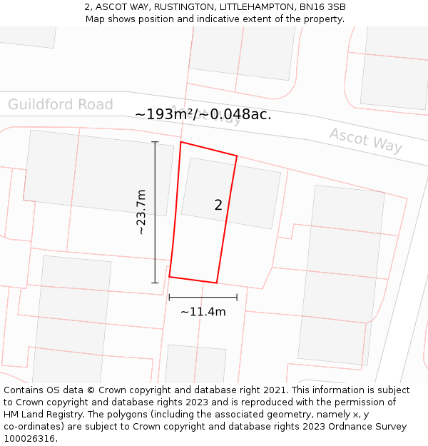 2, ASCOT WAY, RUSTINGTON, LITTLEHAMPTON, BN16 3SB: Plot and title map