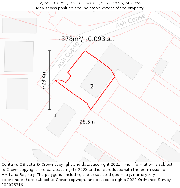 2, ASH COPSE, BRICKET WOOD, ST ALBANS, AL2 3YA: Plot and title map