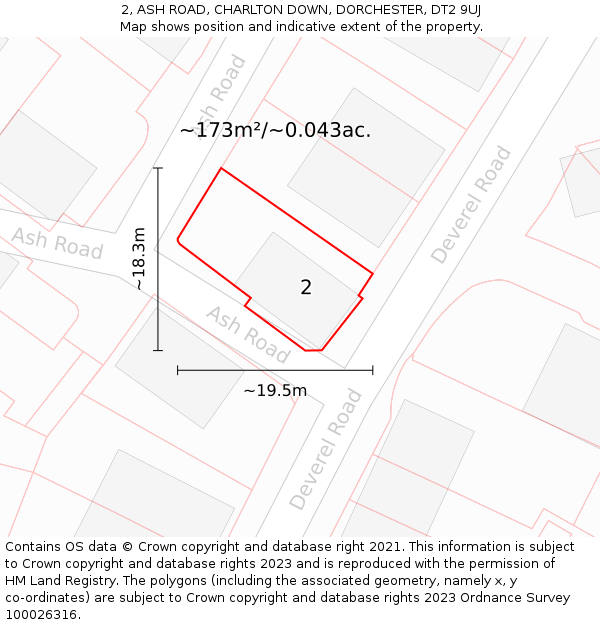 2, ASH ROAD, CHARLTON DOWN, DORCHESTER, DT2 9UJ: Plot and title map