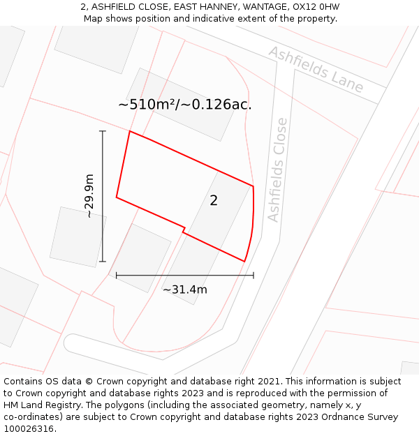 2, ASHFIELD CLOSE, EAST HANNEY, WANTAGE, OX12 0HW: Plot and title map
