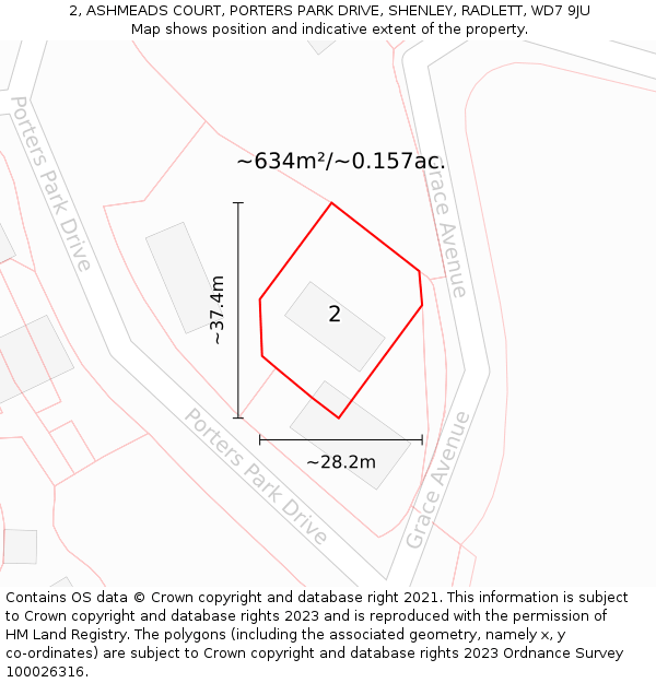 2, ASHMEADS COURT, PORTERS PARK DRIVE, SHENLEY, RADLETT, WD7 9JU: Plot and title map