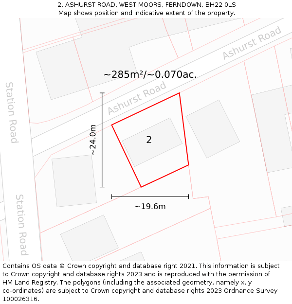 2, ASHURST ROAD, WEST MOORS, FERNDOWN, BH22 0LS: Plot and title map