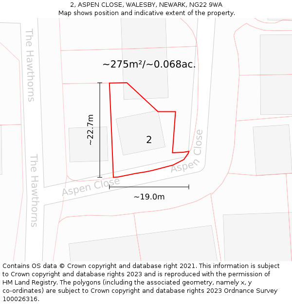 2, ASPEN CLOSE, WALESBY, NEWARK, NG22 9WA: Plot and title map