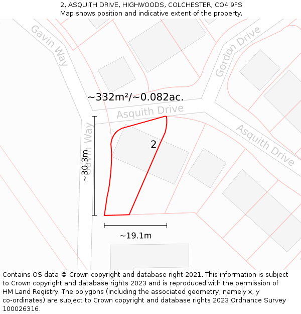 2, ASQUITH DRIVE, HIGHWOODS, COLCHESTER, CO4 9FS: Plot and title map