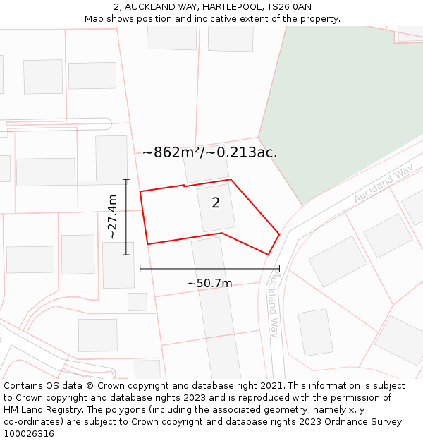2, AUCKLAND WAY, HARTLEPOOL, TS26 0AN: Plot and title map