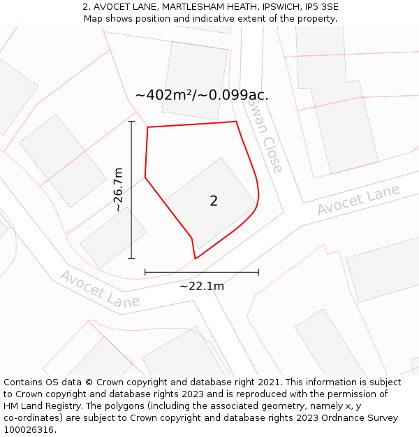 2, AVOCET LANE, MARTLESHAM HEATH, IPSWICH, IP5 3SE: Plot and title map