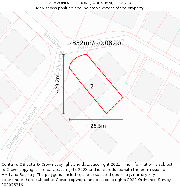 2, AVONDALE GROVE, WREXHAM, LL12 7TX: Plot and title map