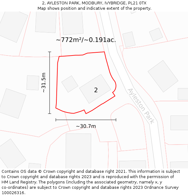 2, AYLESTON PARK, MODBURY, IVYBRIDGE, PL21 0TX: Plot and title map