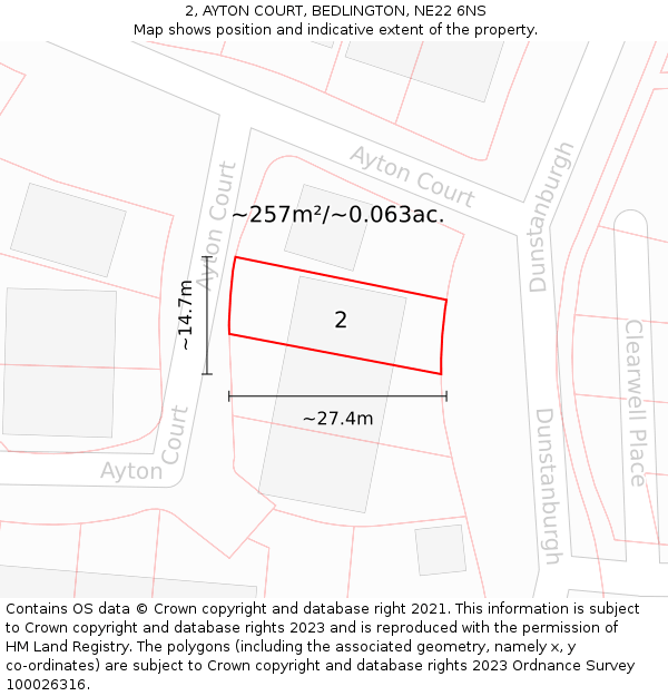 2, AYTON COURT, BEDLINGTON, NE22 6NS: Plot and title map