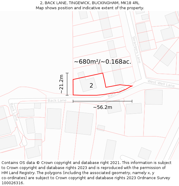 2, BACK LANE, TINGEWICK, BUCKINGHAM, MK18 4RL: Plot and title map