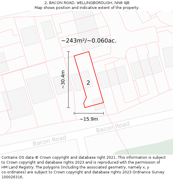 2, BACON ROAD, WELLINGBOROUGH, NN8 4JB: Plot and title map