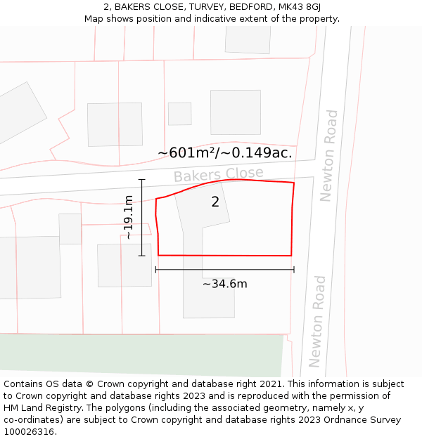 2, BAKERS CLOSE, TURVEY, BEDFORD, MK43 8GJ: Plot and title map