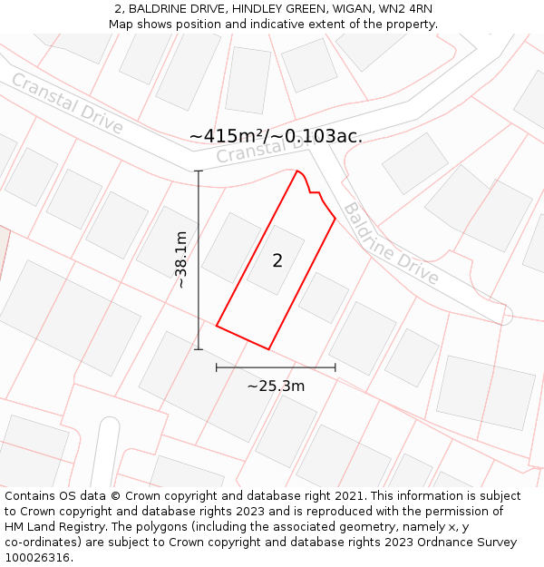 2, BALDRINE DRIVE, HINDLEY GREEN, WIGAN, WN2 4RN: Plot and title map