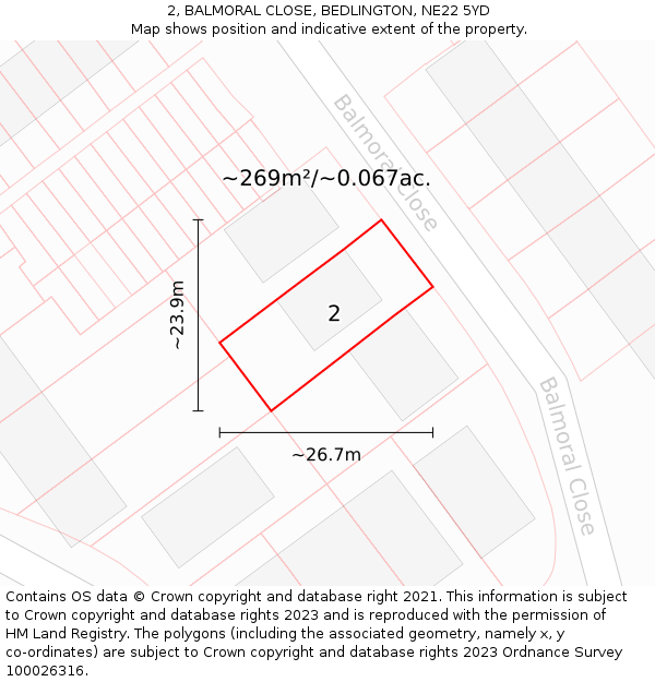 2, BALMORAL CLOSE, BEDLINGTON, NE22 5YD: Plot and title map