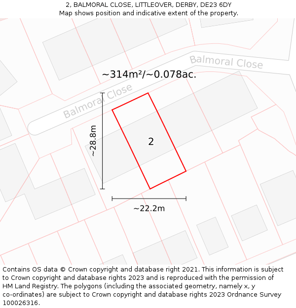 2, BALMORAL CLOSE, LITTLEOVER, DERBY, DE23 6DY: Plot and title map