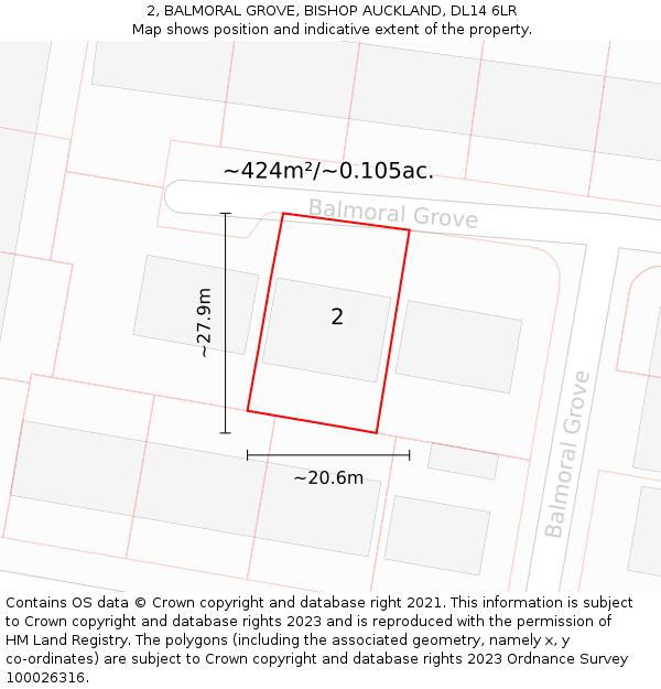 2, BALMORAL GROVE, BISHOP AUCKLAND, DL14 6LR: Plot and title map