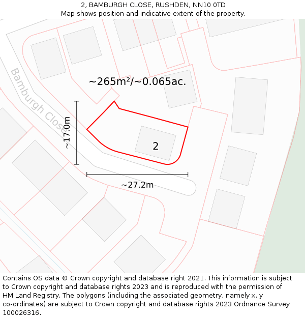 2, BAMBURGH CLOSE, RUSHDEN, NN10 0TD: Plot and title map