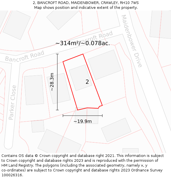 2, BANCROFT ROAD, MAIDENBOWER, CRAWLEY, RH10 7WS: Plot and title map