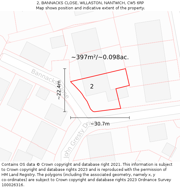 2, BANNACKS CLOSE, WILLASTON, NANTWICH, CW5 6RP: Plot and title map