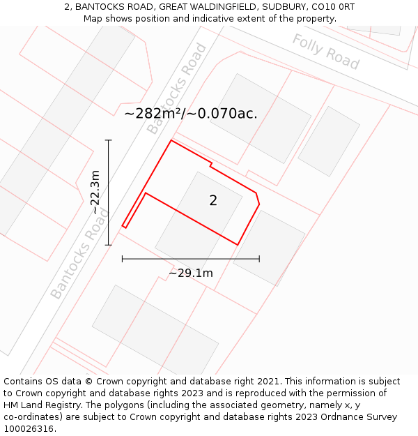 2, BANTOCKS ROAD, GREAT WALDINGFIELD, SUDBURY, CO10 0RT: Plot and title map