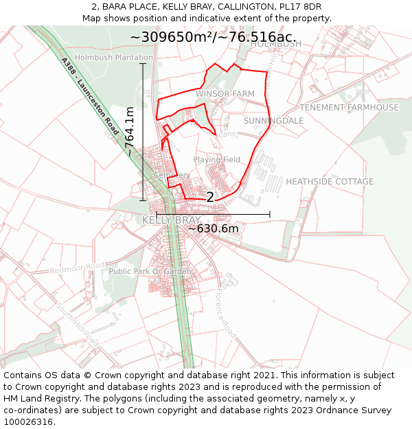 2, BARA PLACE, KELLY BRAY, CALLINGTON, PL17 8DR: Plot and title map