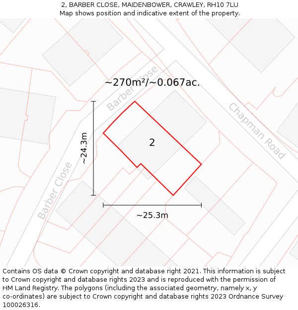 2, BARBER CLOSE, MAIDENBOWER, CRAWLEY, RH10 7LU: Plot and title map
