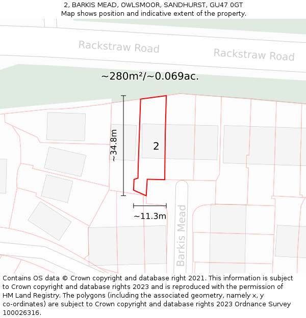 2, BARKIS MEAD, OWLSMOOR, SANDHURST, GU47 0GT: Plot and title map